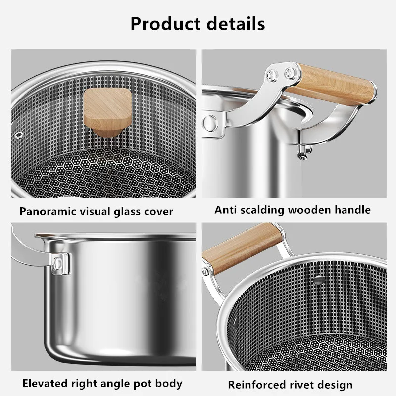 Marmite universelle en acier inoxydable 316L, revêtement antiadhésif alvéolé, couvercle inclus, compatible avec les plaques à induction et à gaz.