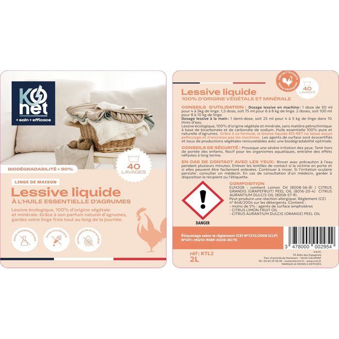 Detergente líquido para ropa, aroma cítrico, aceites esenciales cítricos orgánicos, 40 lavados, 2 L