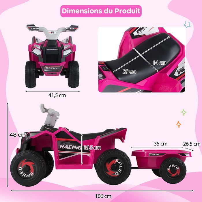 COSTWAY 6V 4,5Ah elektrische quad voor kinderen met afneembare aanhanger, 6 antislipwielen, knop- en pedaalbediening, 30 kg, geschikt voor kinderen vanaf 3 jaar, rood
