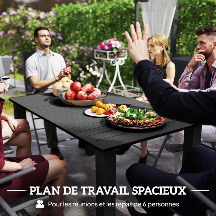 Mesa de jardín Outsunny para 4 a 6 personas, con orificio para sombrilla, tablero de metal con listones, estructura de acero, color negro.