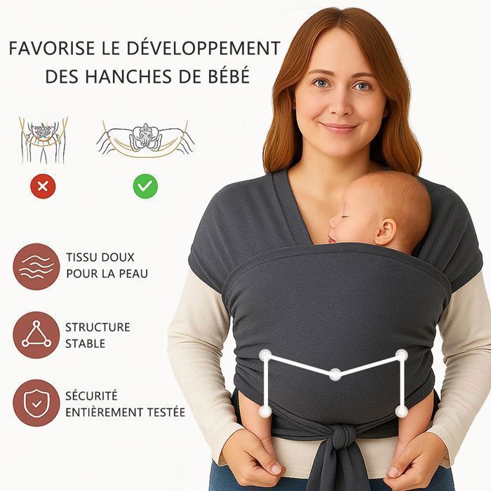 Porte Bebe Echarpe,Echarpe Porte-Bebe Ergonomique,Facile à Enfiler, Réglable,Unisexe,Pour Bébés Jusqu'à 20 Kg (Gris Foncé)