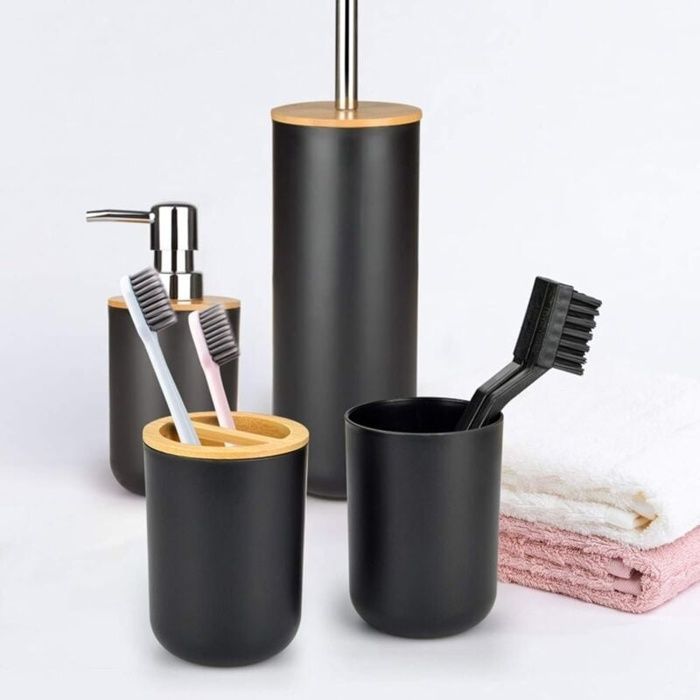 Set di accessori per il bagno: portaspazzolino in bambù, piano d'appoggio in legno autoportante, dispenser di sapone, scopino per WC (nero)