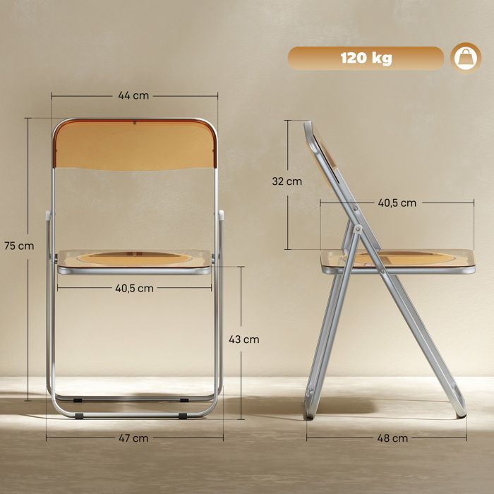 Juego de 4 sillas plegables - HOMCOM - portátiles - para el hogar, la oficina o el comedor - acrílico, acero - 47x48x75cm - naranja