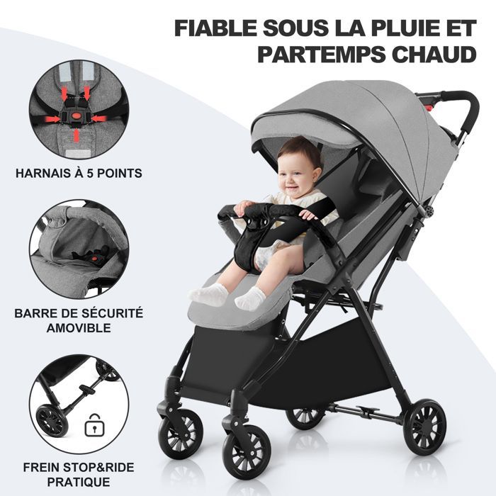 Ultracompacte stadsbuggy - Van 0 tot 36 maanden, tot 15 kg - Inklapbaar met één druk op de knop, verstelbare rugleuning, dubbele rem - Grijs