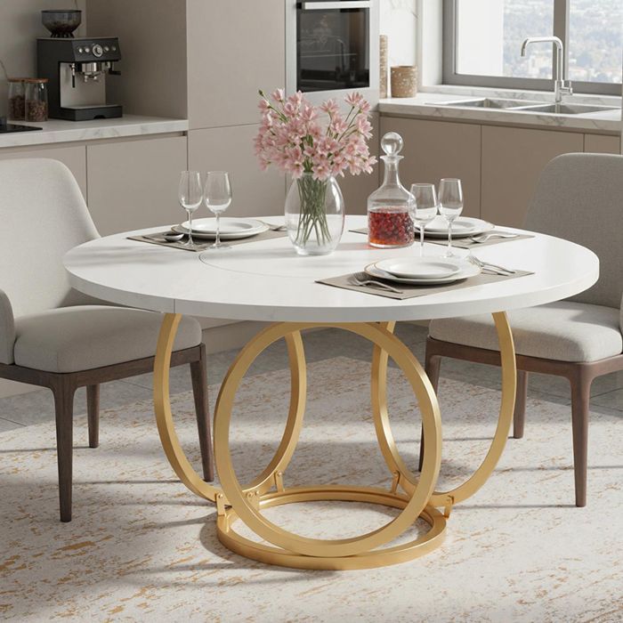 Mesa de comedor redonda, 120 × 75 cm, mesa de cocina blanca para 4 personas, patas de metal dorado, blanco y dorado.