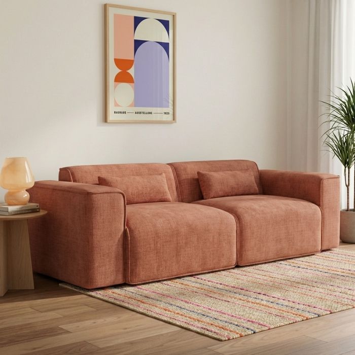 Divano fisso lineare a 3 posti NUNA in tessuto color terracotta