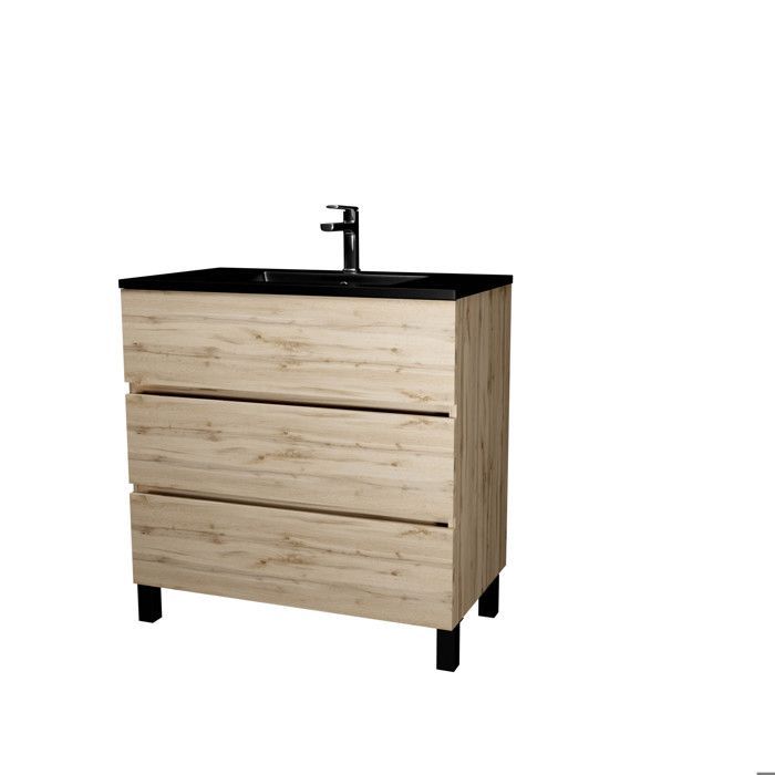 Mueble de baño de 80 cm con 3 cajones en roble natural + lavabo de cerámica negra - MADERA