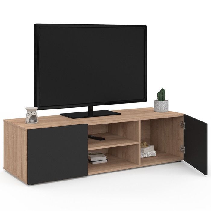 IDMARKET ELI tv-meubel, 113 cm, beukenhoutlook, zwarte deuren