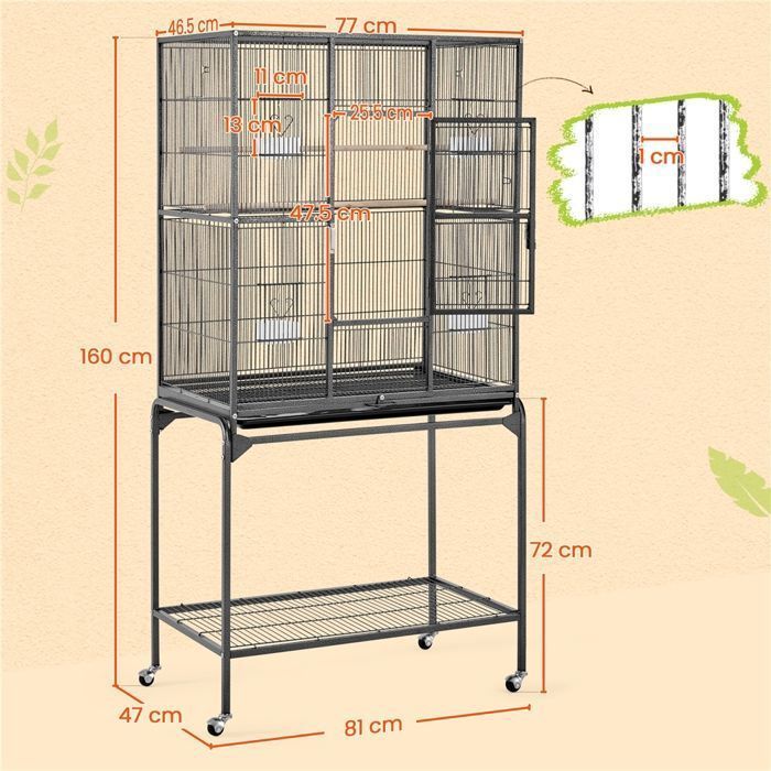 Jaula para pájaros Yaheetech de 81 x 47 x 160 cm, aviario para periquitos, ánades silbones y canarios, con ruedas y soporte desmontable.
