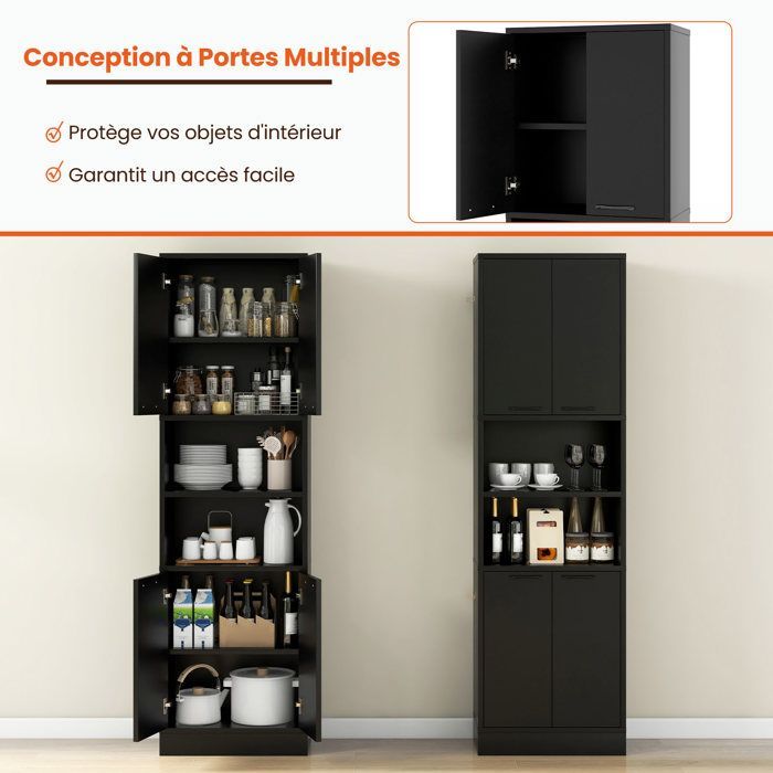 Aparador de cocina GIANTEX de 6 niveles, 190 cm de alto - 2 armarios con 4 puertas + 2 compartimentos - Mueble de almacenamiento para baño - Negro