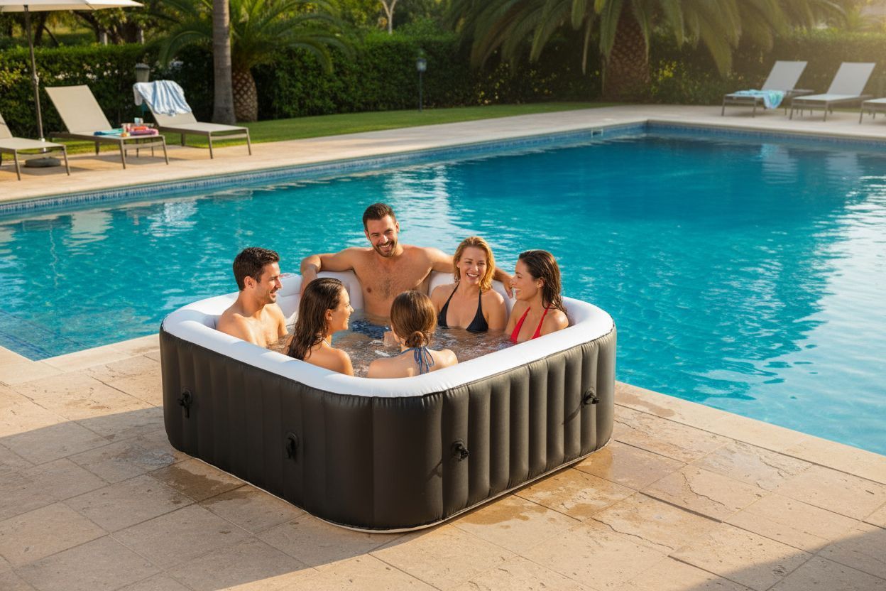 KIT TOUT INCLUS SUNSPA: spa gonflable carré 6 places et accessoires : 4 appuis têtes, filtre, épuisette, brosse, tapis, couverture
