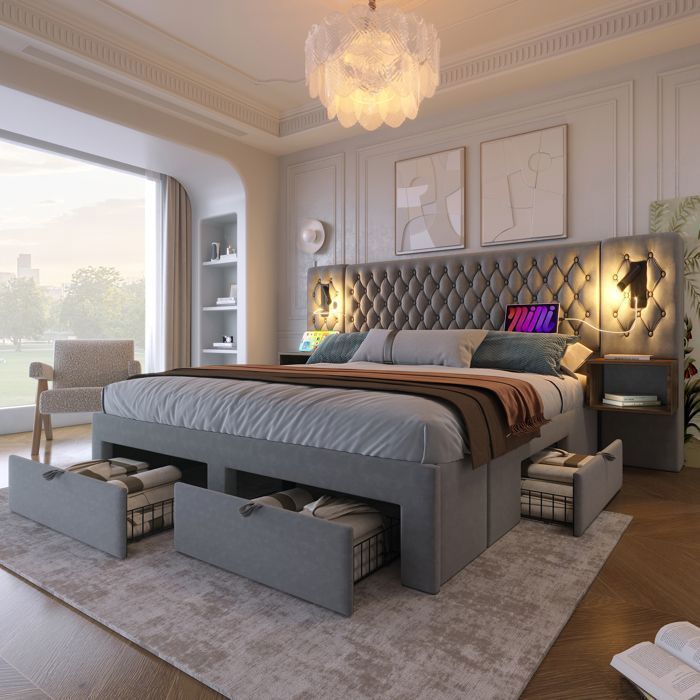 Letto matrimoniale contenitore 160 x 200 cm con lampada da lettura e porta USB, letto con 2 tavolini e 4 cassetti, rete a doghe, velluto grigio