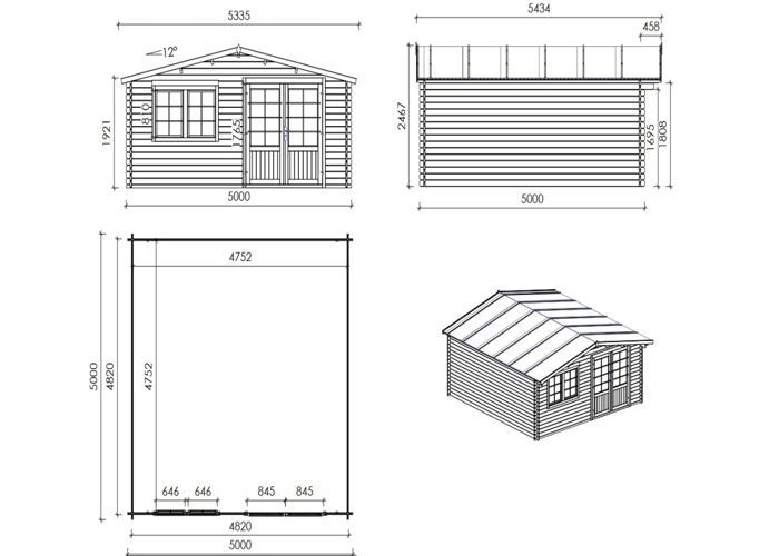 Abri de jardin en bois - 25m2 - 5x5m - Ep. 34mm - Couleur: naturel - DOM722