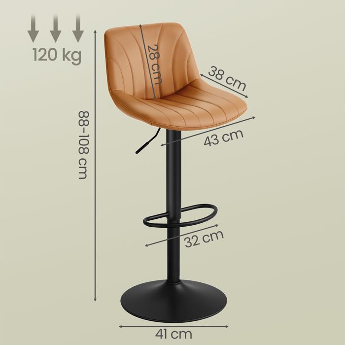 Adjustable Bar Stools, Stools with Backrest, 360° Swivel, PU Leather, for Kitchen, Dining Room, Set of 2, Brown