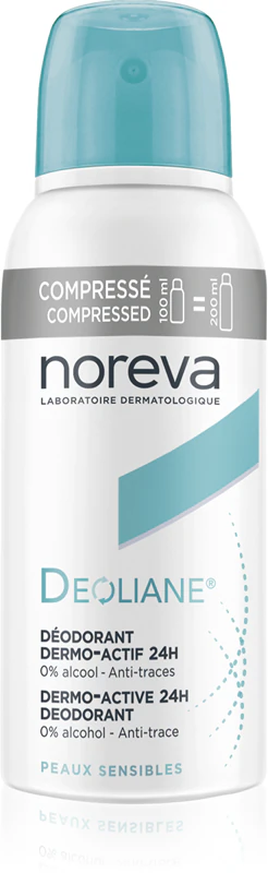 Desodorante em spray Noreva Deoliane Dermo-Active 24h que proporciona 24 horas de proteção.