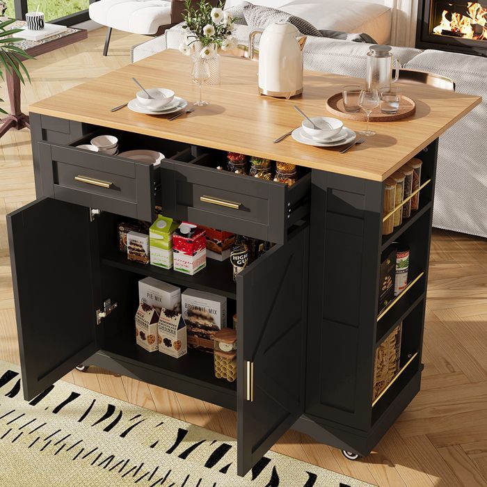 Îlot cuisine Desserte moderne veinures bois table extensible armoires ajustables Noir