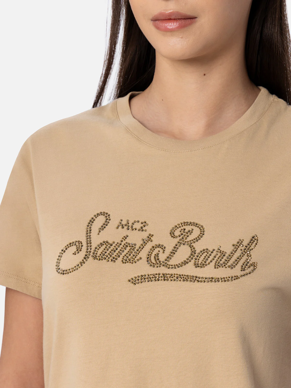 T-shirt da donna girocollo Emilie in jersey di cotone con ricamo di st