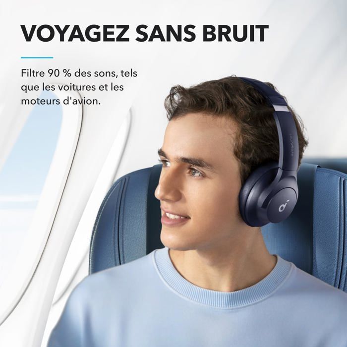 Q20I Casque Bluetooth Sans Fil Reducteur De Bruit Hybride Active By Anker, Casque Over Ear,Personnalisation Via App Bleu