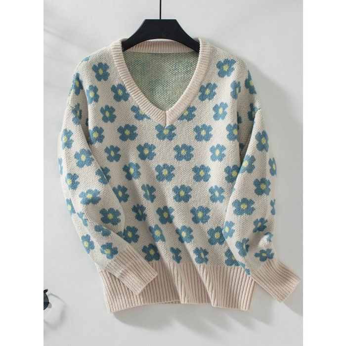 Jersey de mujer – Jacquard floral – Cuello en V – Manga larga – Otoño/Invierno – Talla europea – Color crudo