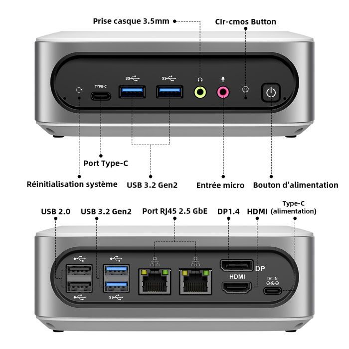 Mini PC Windows 11 Pro - Intel i9-11900H (8C/16T, 4,9 GHz), 16 Go DDR4, 512 Go NVMe, Triple Écran 4K, Dual LAN 2,5G, USB-C