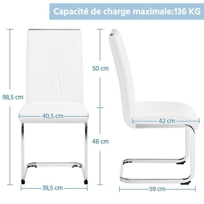Lot de 4 Chaises Salle à Manger en Similicuir, Haut Dossier & Pieds Métalliques en U, Design Moderne-Cuisine/Appoint,Blanc YAHEETECH
