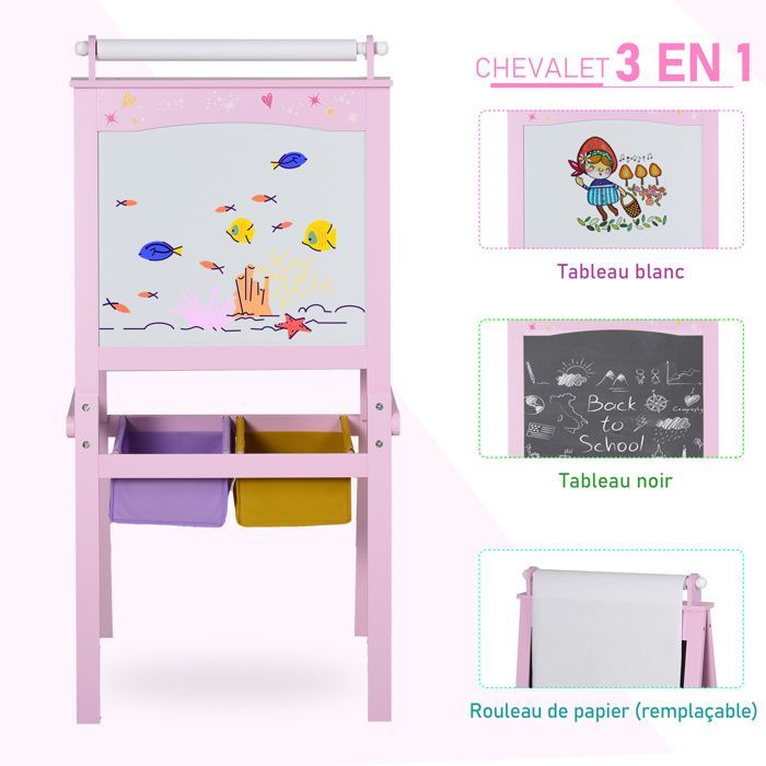 Children's Easel - HOMCOM - 3-in-1 Double-Sided Chalkboard Easel with White Chalk and Paper Roll - MDF - Pink