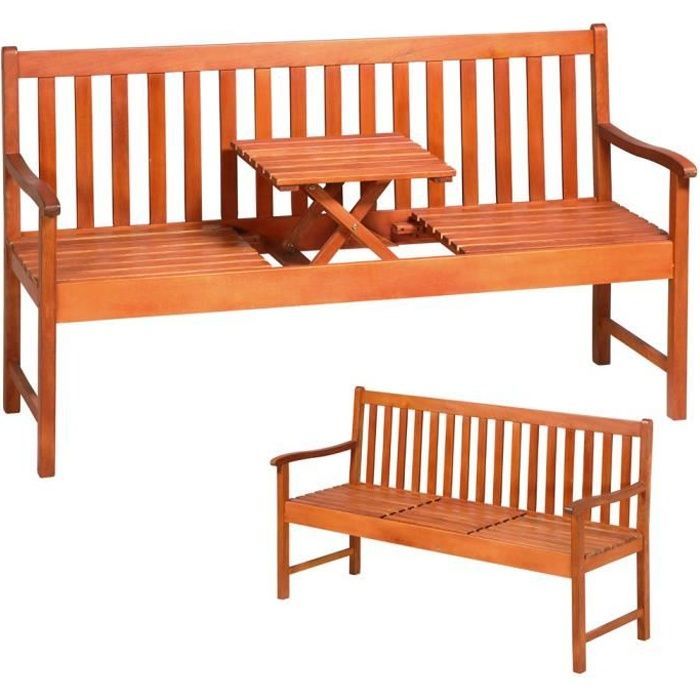Banco de jardín de madera de eucalipto para 3 personas con tablero retráctil certificado FSC®.