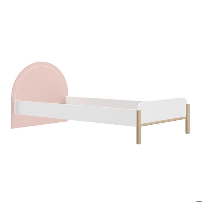 Cama de 90 cm x 200 cm con efecto madera, iluminación LED y cabecero rosa.