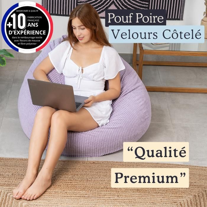 Sillón tipo puf de pana desmontable - 105x85 cm - Bananair - Morado - Hecho en Francia