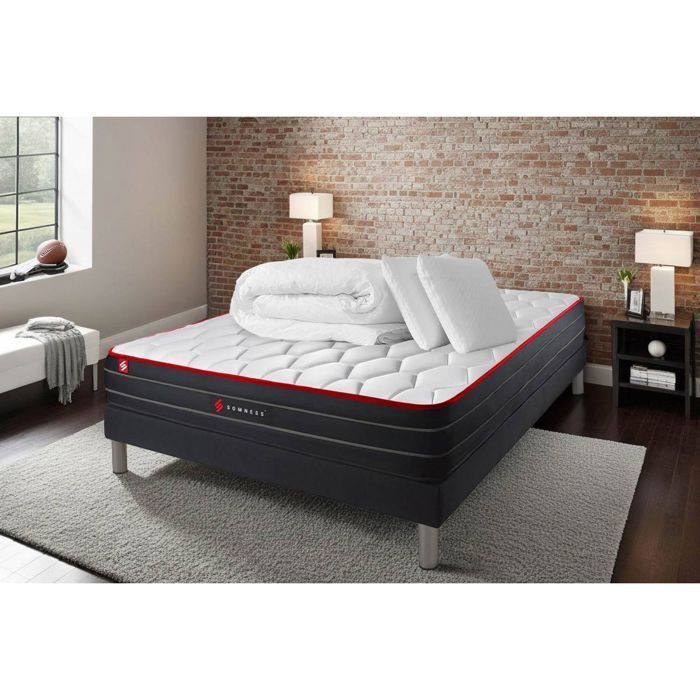 Pack 180x200 matelas BOOST ressorts ensachés et mémoire de forme + sommier kit noir + Couette + 2 oreillers 180 x 200 cm Noir