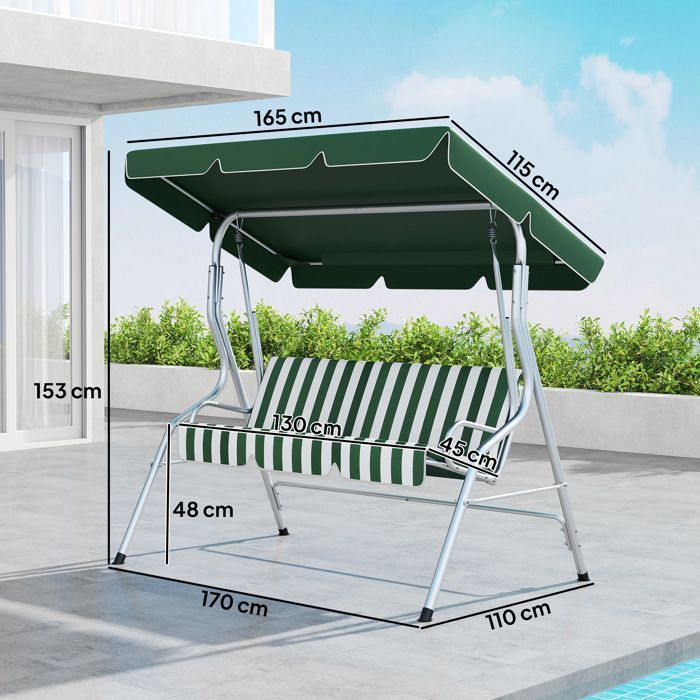 Columpio de jardín Outsunny - 3 plazas - toldo con inclinación ajustable - estampado de rayas - con cojines para asiento y respaldo - verde