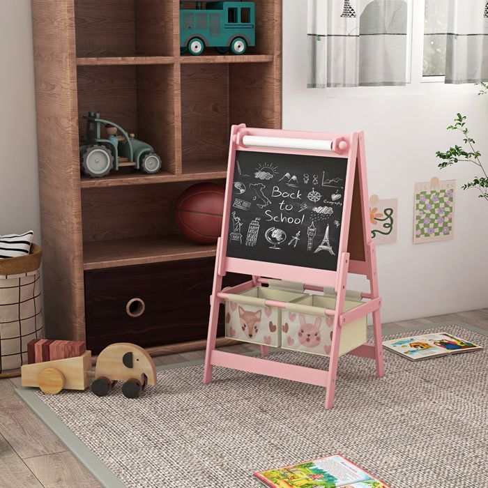 Tableau chevalet enfant - AIYAPLAY - double face - tableau blanc - tableau à craie rouleau papier - 2 paniers - rose