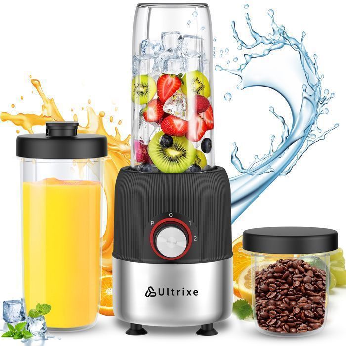 Elektrische smoothieblender van 1000 W met BPA-vrije flessen van 650 ml en 200 ml en 4 roestvrijstalen messen.