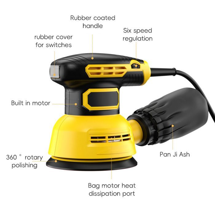 300W 125mm Random Orbital Sander, 12000RPM, Adjustable Speed, with 5 Sanding Discs + Foam and Wool Pad, Dust Collection