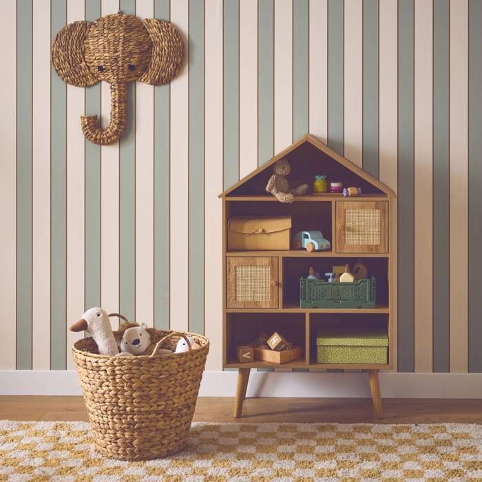 Etagère bibliothèque décor bois et cannage 7 compartiments 2 portes BOHÈME