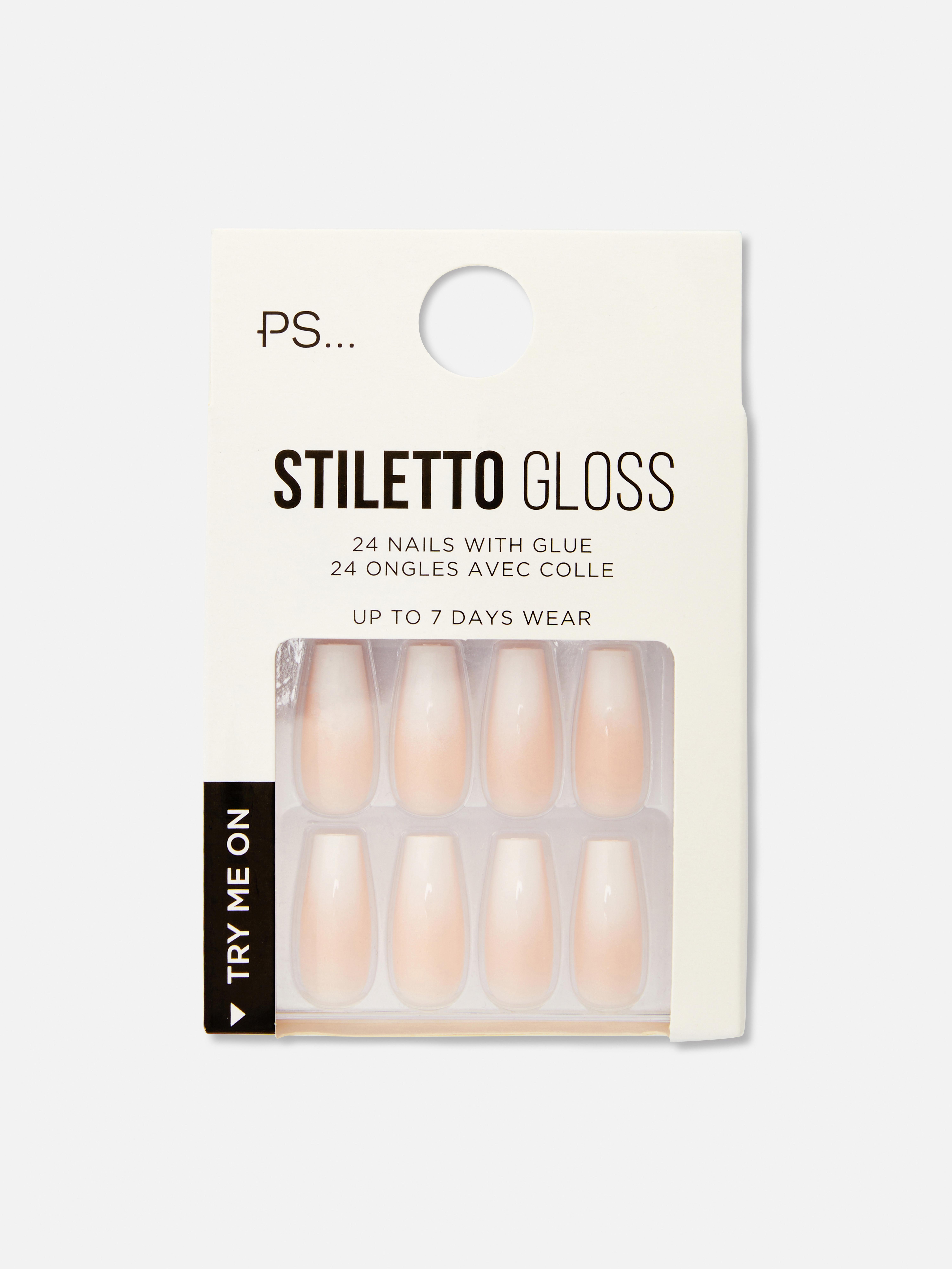 PS... Unghii artificiale stiletto cu luciu și gradient Unghii artificiale stiletto cu finisaj lucios pentru un aspect îngrijit