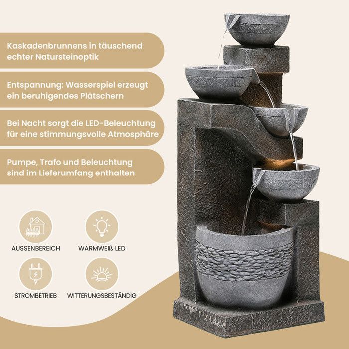 Fuente de jardín con iluminación LED - Aspecto de piedra natural - Bomba de agua integrada - Iluminación LED