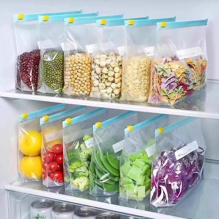 Sacos reutilizáveis para armazenar alimentos, grossos, com fecho de zíper, próprios para freezer e micro-ondas.