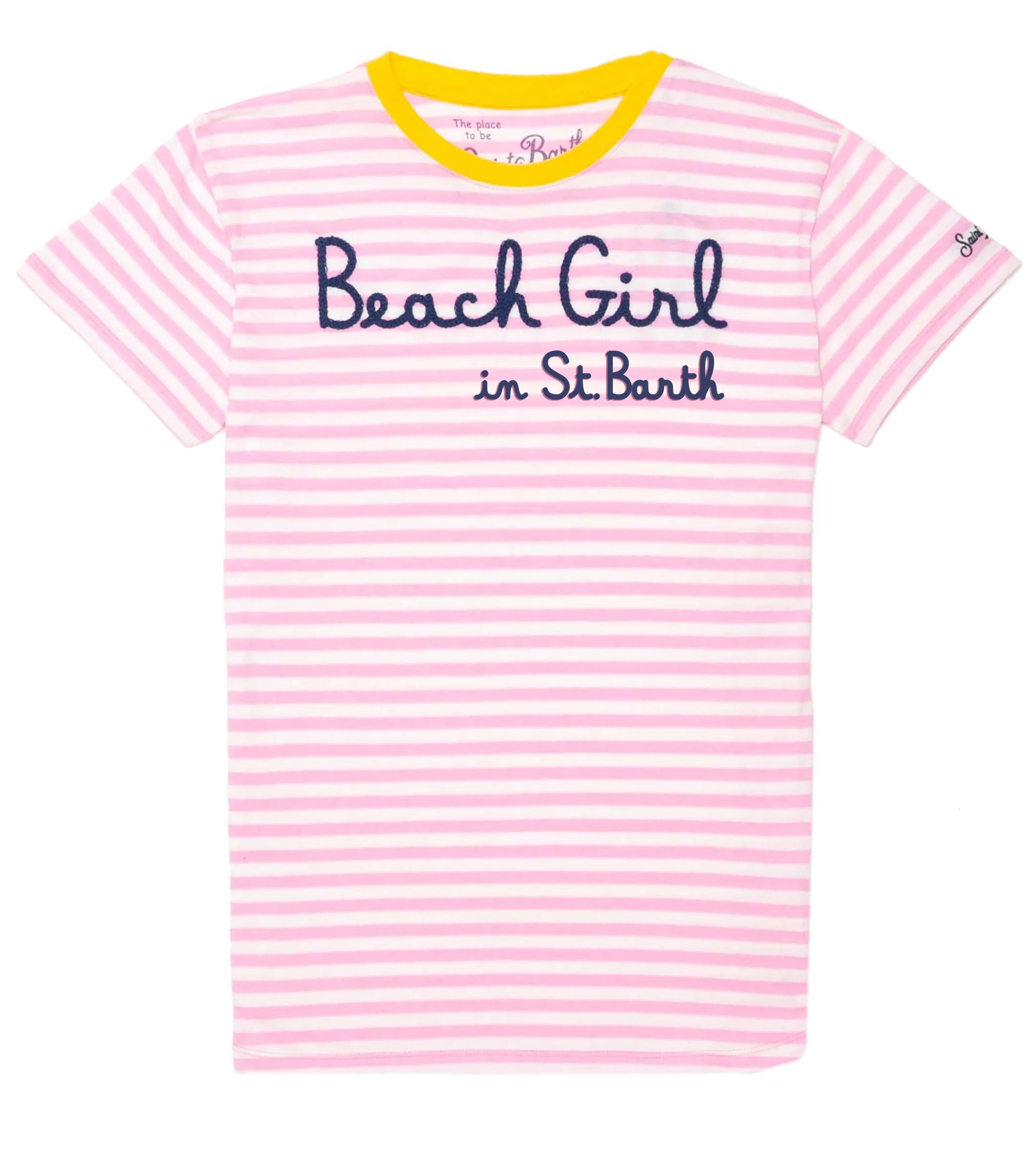 Roze gestreept T-shirt met borduursel van een strandmeisje op St. Barth.