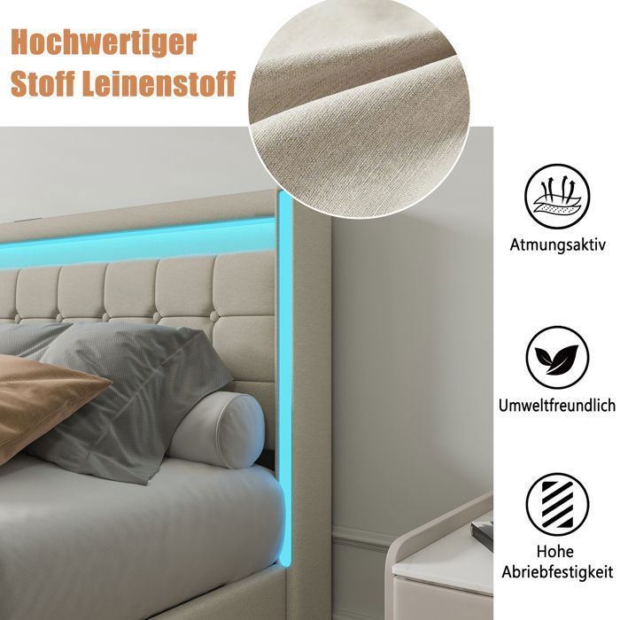Cama doble de 180 x 200 cm, cama individual de 180 x 200 cm con 4 cajones, puerto USB e iluminación LED, estructura de cama con cabecero, tejido de lino, color beige.