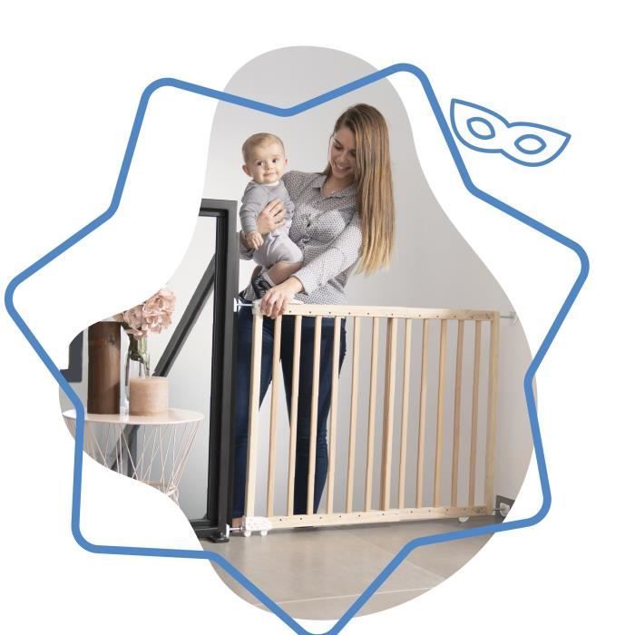 Badabulle Deco Pop Safety Gate - Extendable Gate for Openings from 63 to 106cm - Screw Fixing, Natural Wood