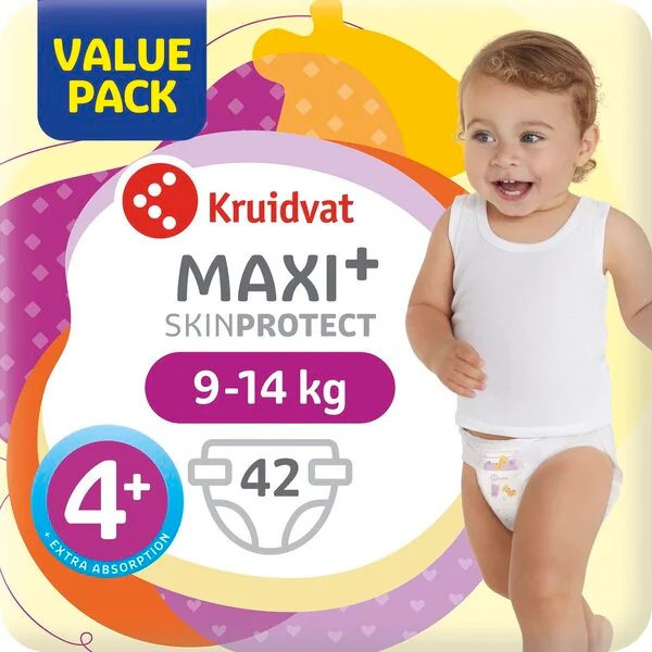 Výhodné balenie plienok Kruidvat 4+ Maxi Plus<br>veľkosť 4+ (9-15 kg), 42 kusov
