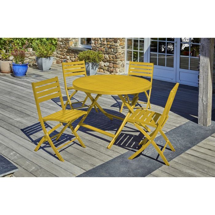 Ensemble repas de jardin 4 places en aluminium - Jaune moutarde