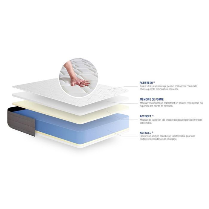 Mattress and bed base set 90x200 cm - Grey bed base (assembly required) - Actimemo Dream