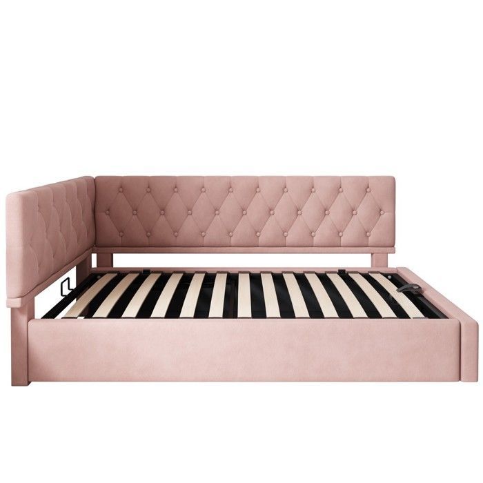 Lit Enfant Lit banquette 90x190 convertible hydraulique rose - Rangement, sommier lattes bois, velours - Enfant, ado, sans matelas