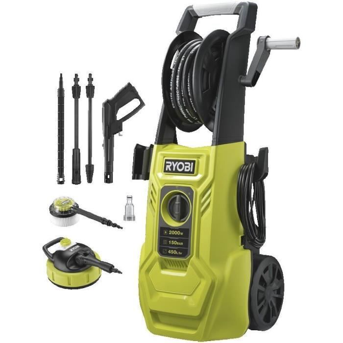 Hidrolimpiadora de alta presión RYOBI de 2000 W y 150 bar - Manguera de 450 L y 8 m, depósito de 0,9 L + lanzas Vario y Turbo y cepillo - RY150PWA
