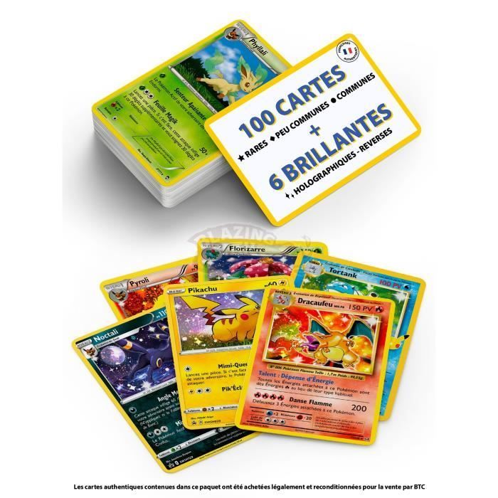 Lot de 100 Cartes Pokémon Françaises Officielles NEUF - 6 Brillantes | 3 Rares - Sans Doubles