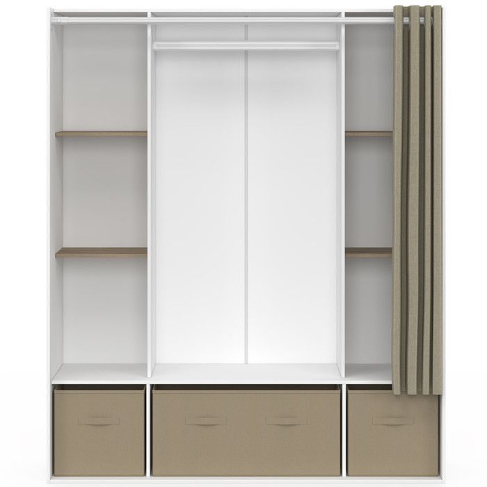 IDMARKET Dressing double penderie DIANE 140 x 45 x 167 cm blanc avec étagères + boites de rangement + rideau taupe