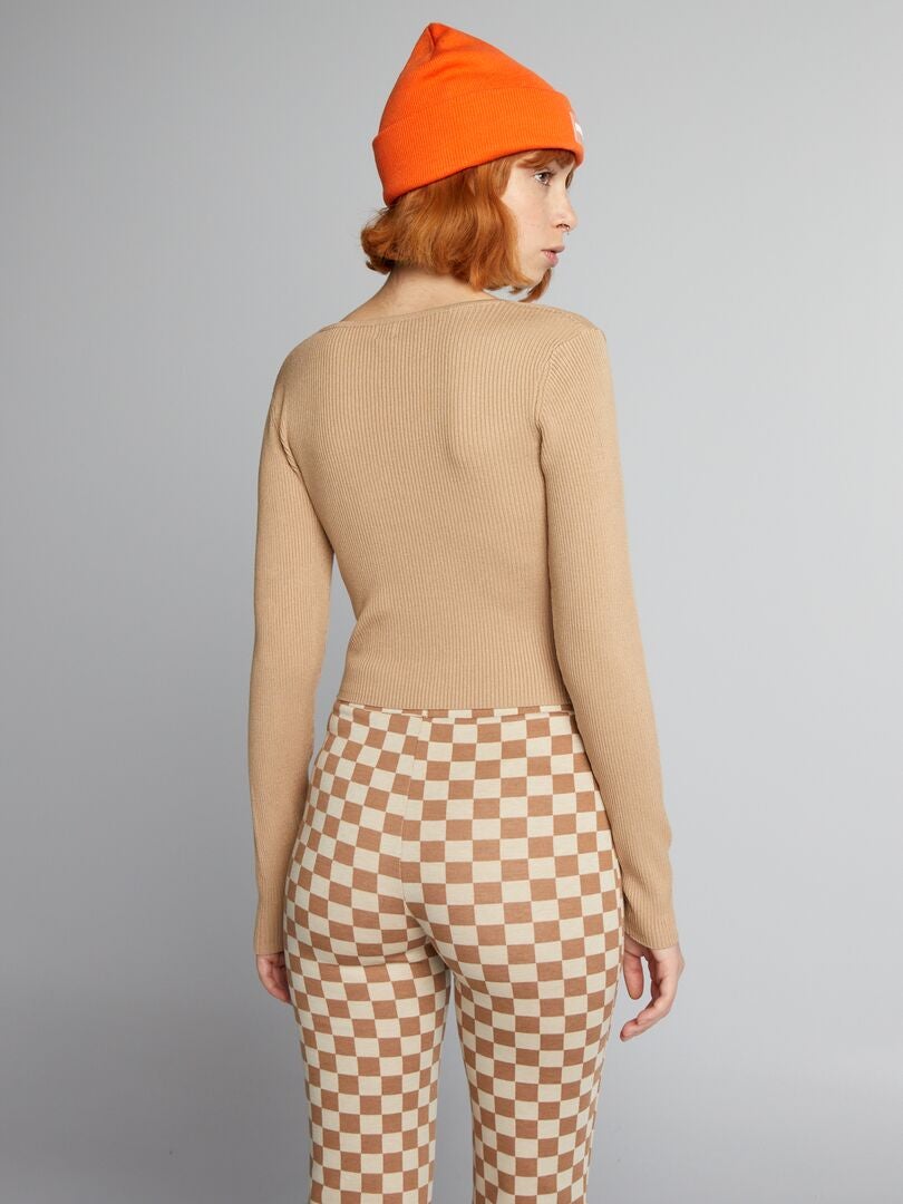 Jersey de punto acanalado con escote cruzado - BEIGE