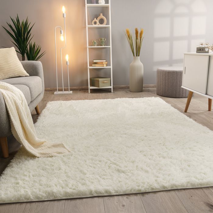 Alfombra Paco Home de pelo largo y suave para salón, de piel sintética, suave y mullida, blanca, 120x170 cm.